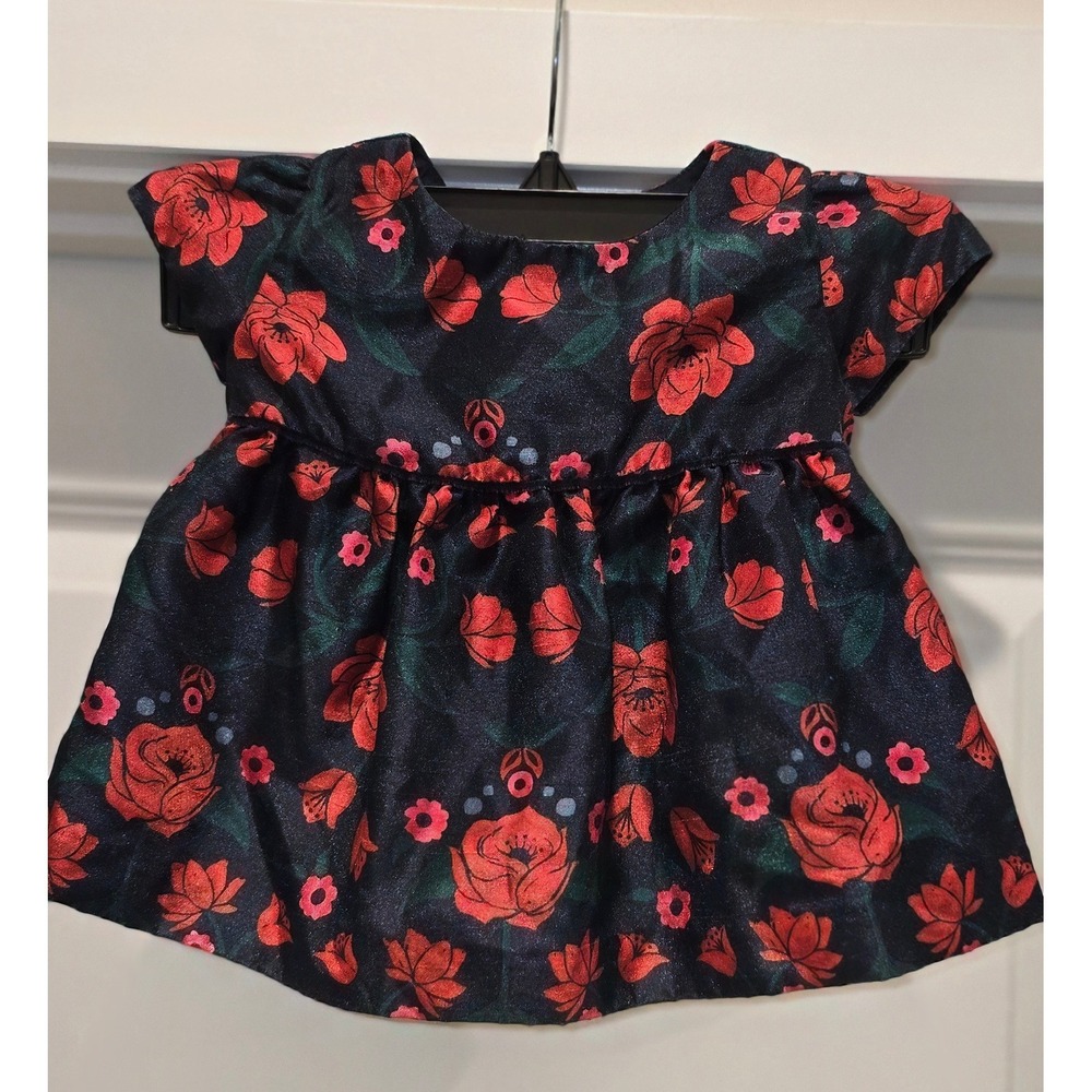 Gymboree Baby Girl Floral Rose Dress Navy Red Metallic 12-18 Mo Holiday silky